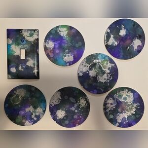 HANDCRAFTED Abstract Room Decor HANDPAINTED 6 Wood Coasters & Lightswitch Case